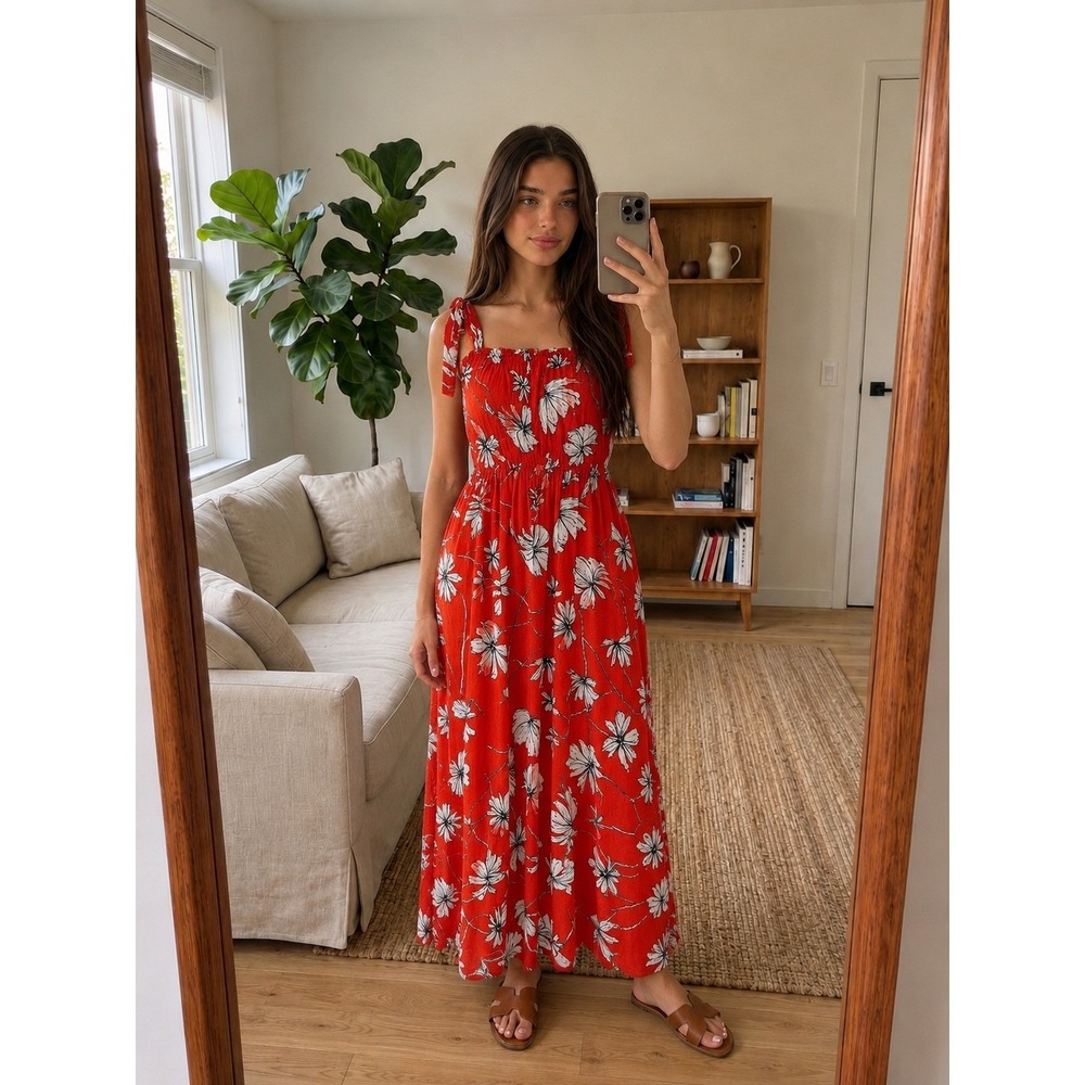Jason Wu Floral Maxi Dress Size 4 Red Tie Strap Resort Tropical Romantic Boho‎